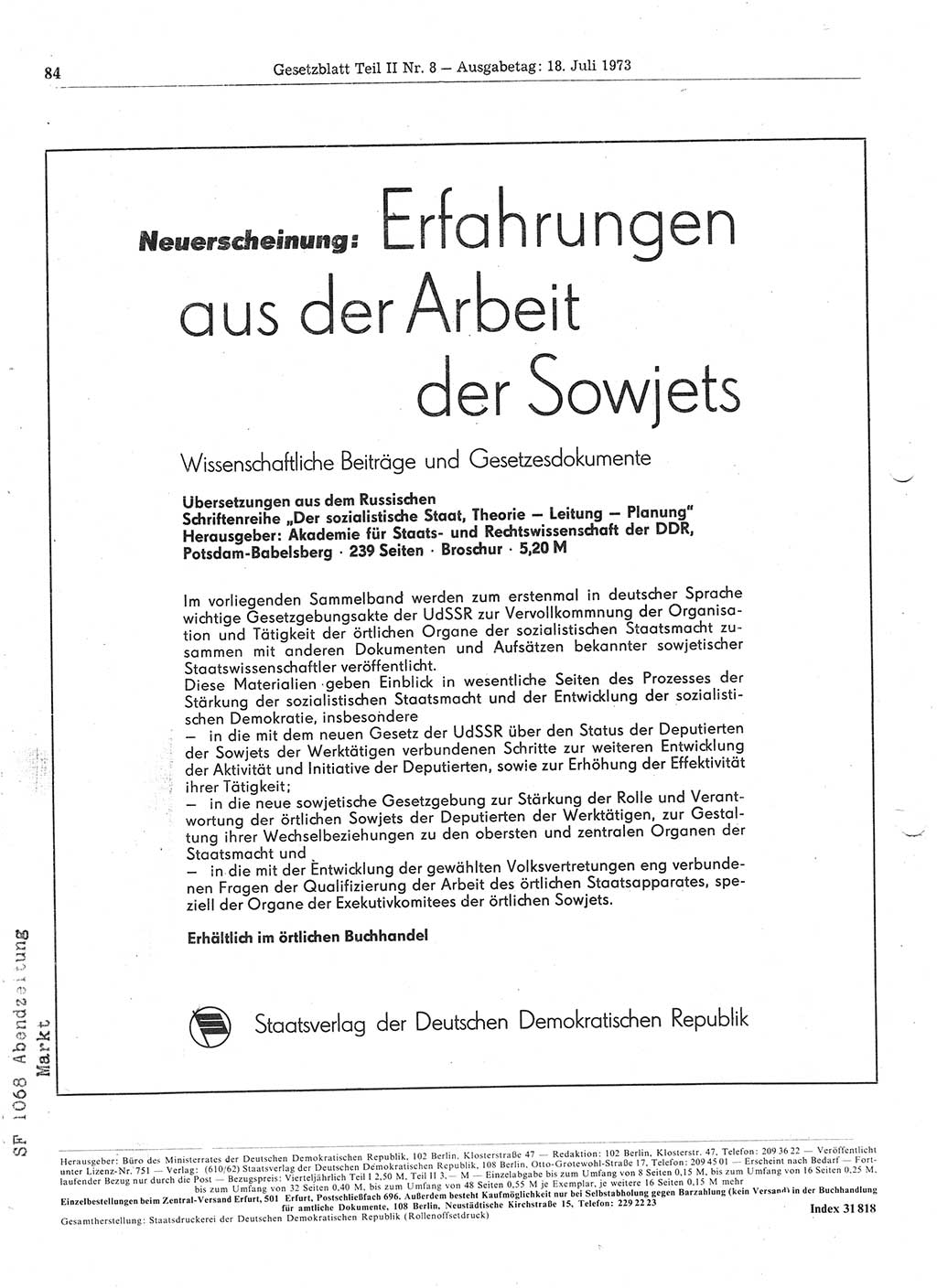 Gesetzblatt (GBl.) der Deutschen Demokratischen Republik (DDR) Teil ⅠⅠ 1973, Seite 84 (GBl. DDR ⅠⅠ 1973, S. 84)
