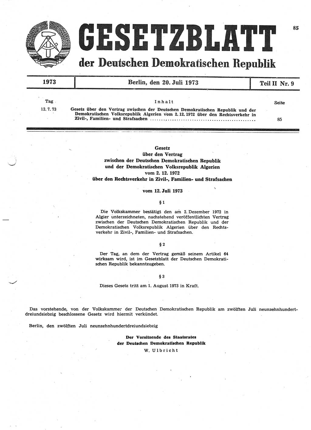 Gesetzblatt (GBl.) der Deutschen Demokratischen Republik (DDR) Teil ⅠⅠ 1973, Seite 85 (GBl. DDR ⅠⅠ 1973, S. 85)