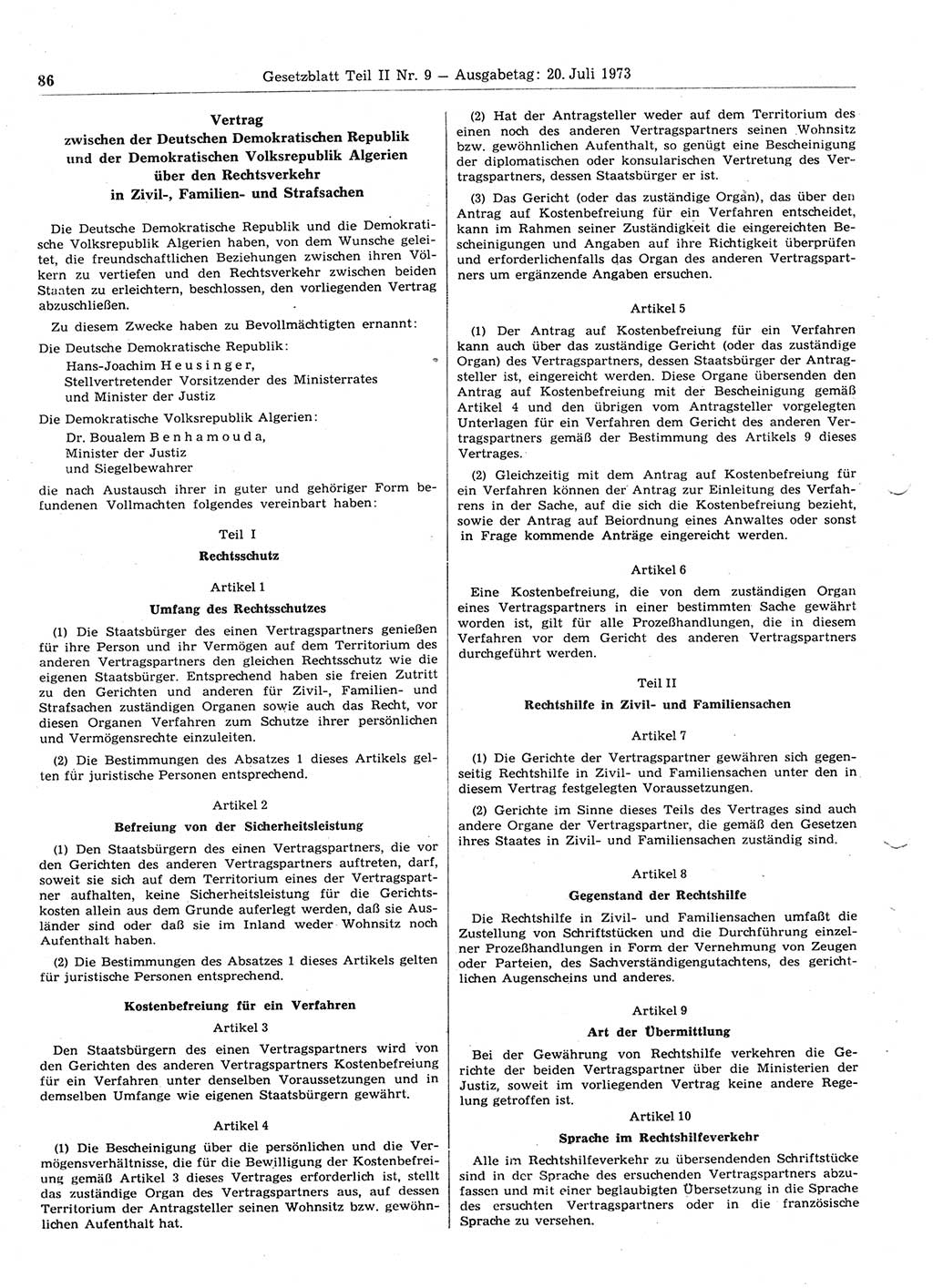 Gesetzblatt (GBl.) der Deutschen Demokratischen Republik (DDR) Teil ⅠⅠ 1973, Seite 86 (GBl. DDR ⅠⅠ 1973, S. 86)