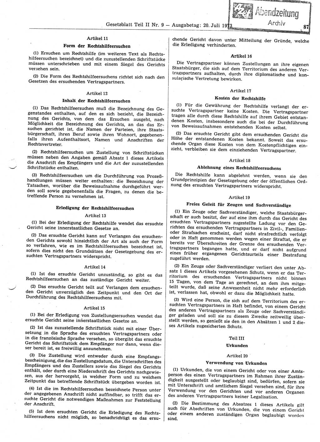 Gesetzblatt (GBl.) der Deutschen Demokratischen Republik (DDR) Teil ⅠⅠ 1973, Seite 87 (GBl. DDR ⅠⅠ 1973, S. 87)