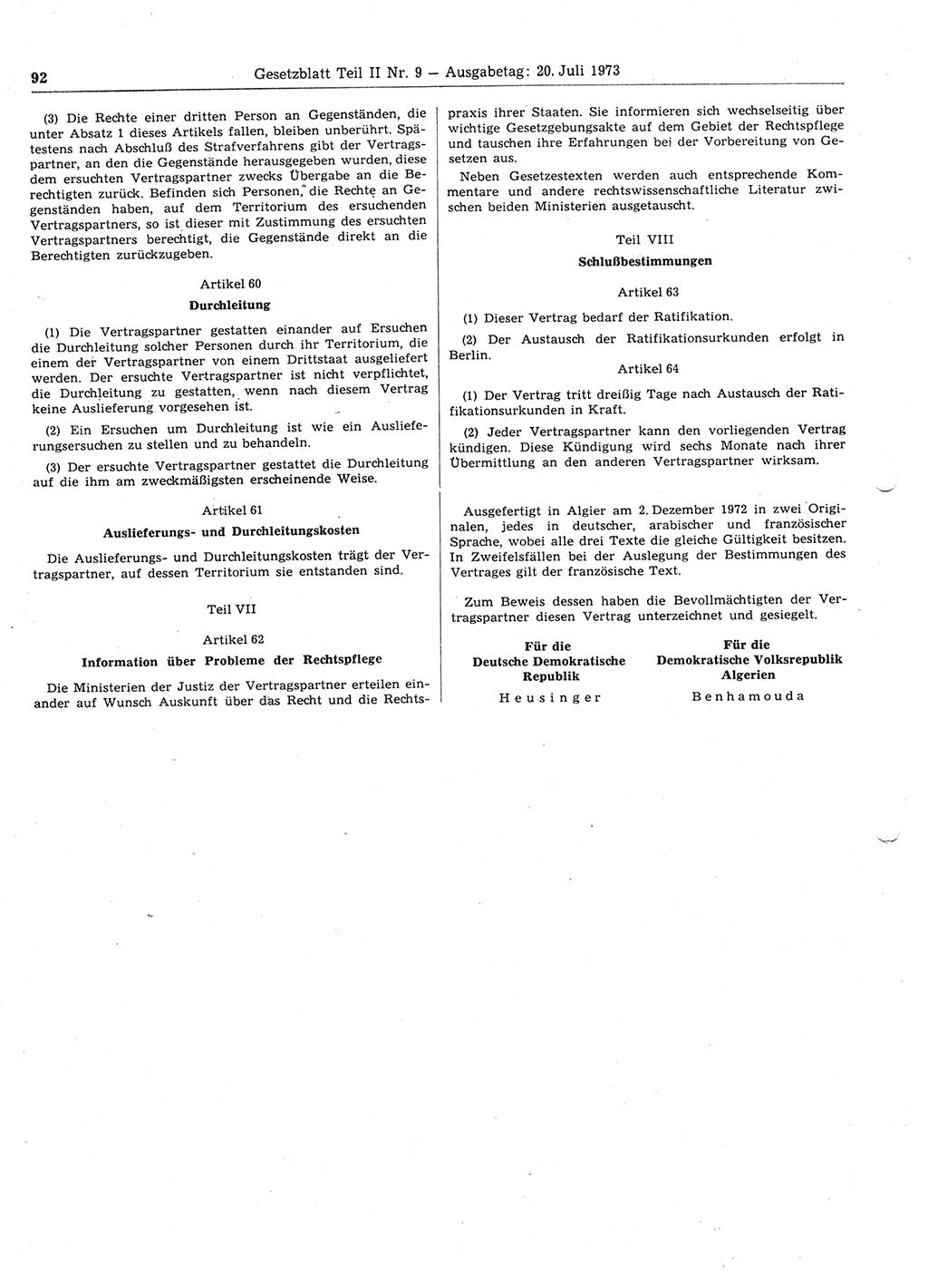 Gesetzblatt (GBl.) der Deutschen Demokratischen Republik (DDR) Teil ⅠⅠ 1973, Seite 92 (GBl. DDR ⅠⅠ 1973, S. 92)