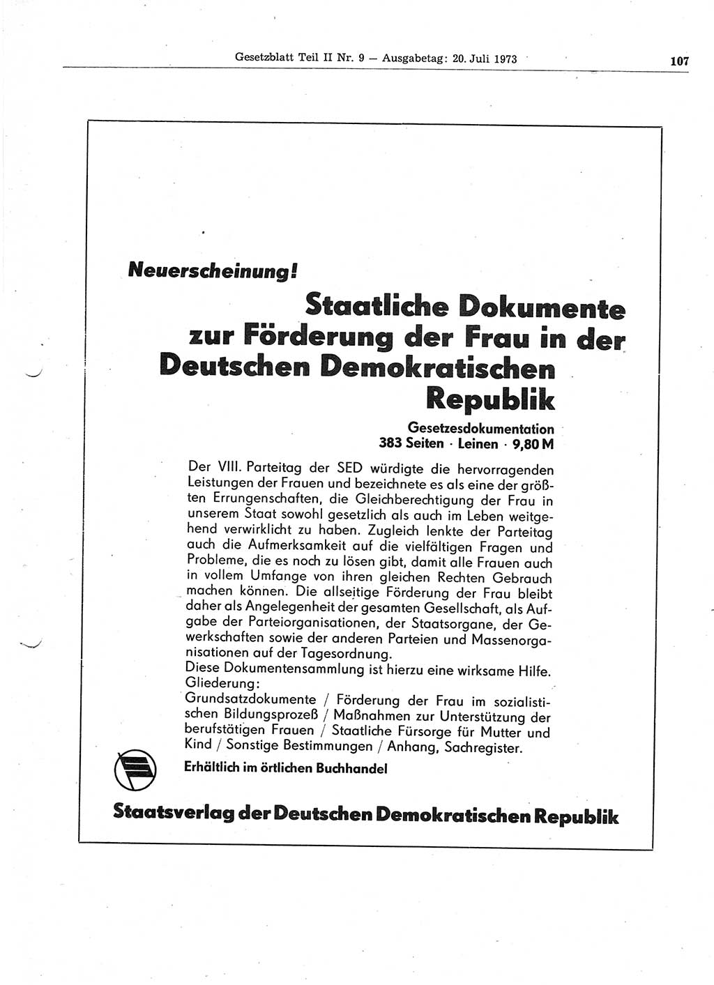 Gesetzblatt (GBl.) der Deutschen Demokratischen Republik (DDR) Teil ⅠⅠ 1973, Seite 107 (GBl. DDR ⅠⅠ 1973, S. 107)