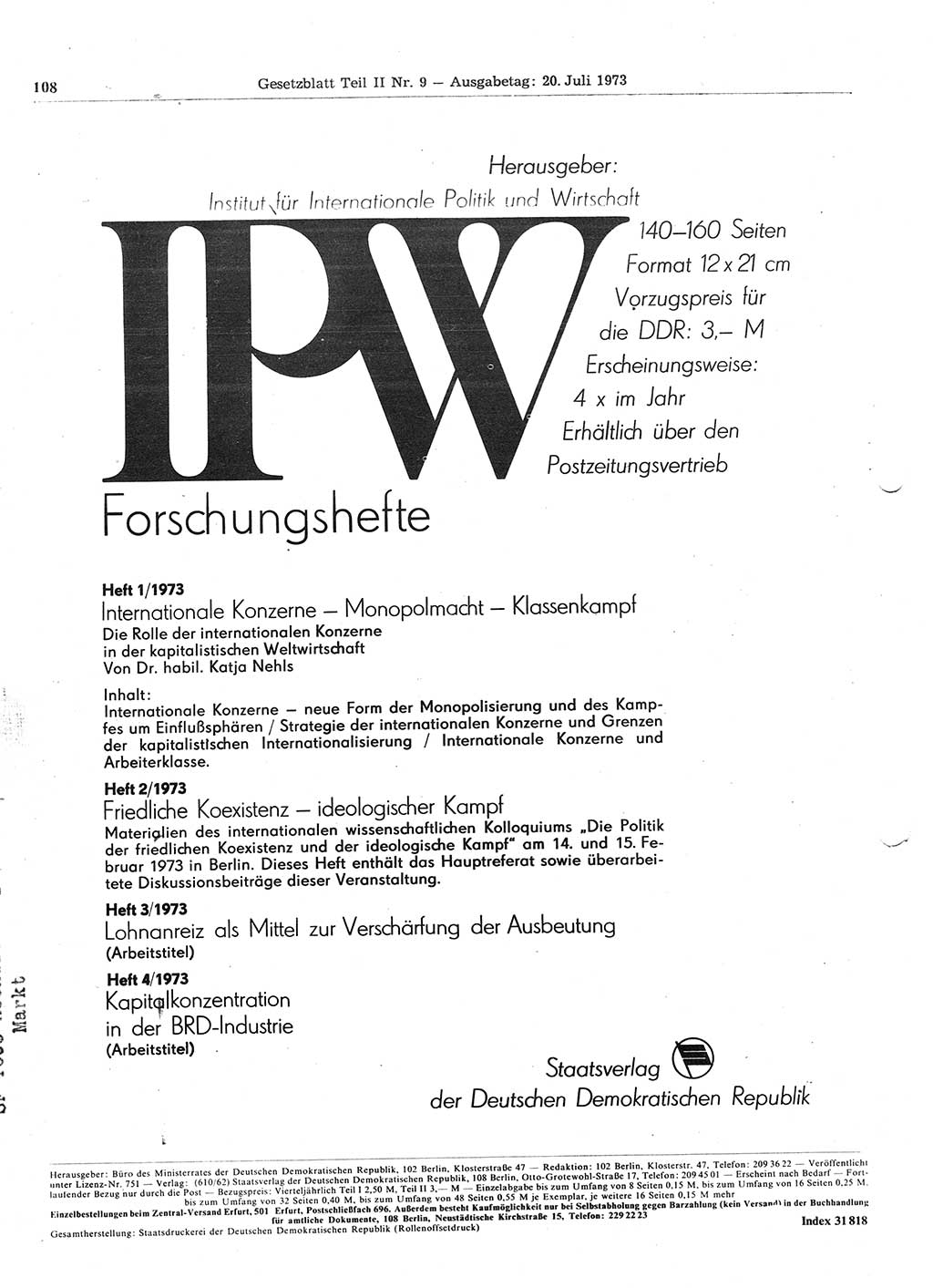 Gesetzblatt (GBl.) der Deutschen Demokratischen Republik (DDR) Teil ⅠⅠ 1973, Seite 108 (GBl. DDR ⅠⅠ 1973, S. 108)