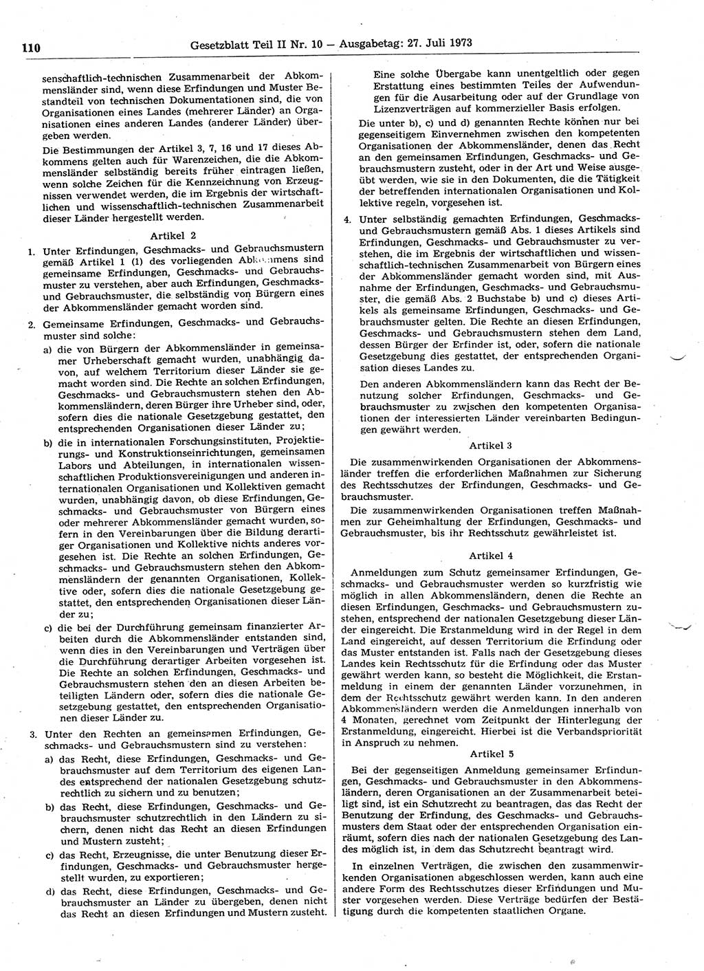 Gesetzblatt (GBl.) der Deutschen Demokratischen Republik (DDR) Teil ⅠⅠ 1973, Seite 110 (GBl. DDR ⅠⅠ 1973, S. 110)