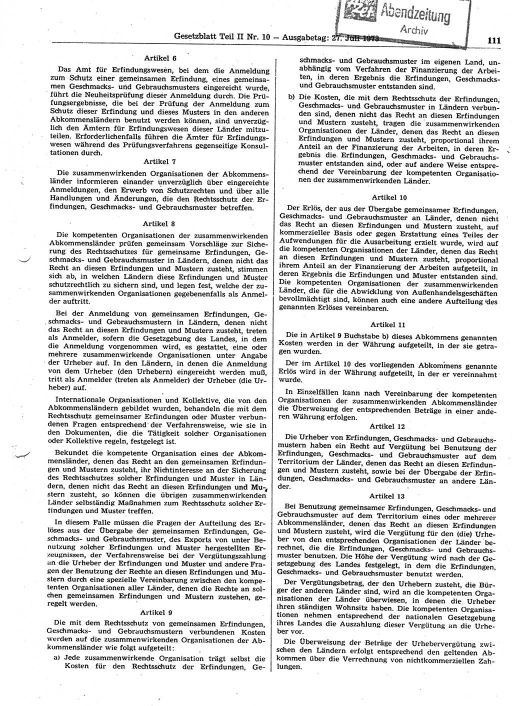 Gesetzblatt (GBl.) der Deutschen Demokratischen Republik (DDR) Teil ⅠⅠ 1973, Seite 111 (GBl. DDR ⅠⅠ 1973, S. 111)