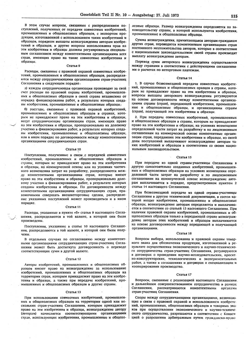 Gesetzblatt (GBl.) der Deutschen Demokratischen Republik (DDR) Teil ⅠⅠ 1973, Seite 115 (GBl. DDR ⅠⅠ 1973, S. 115)