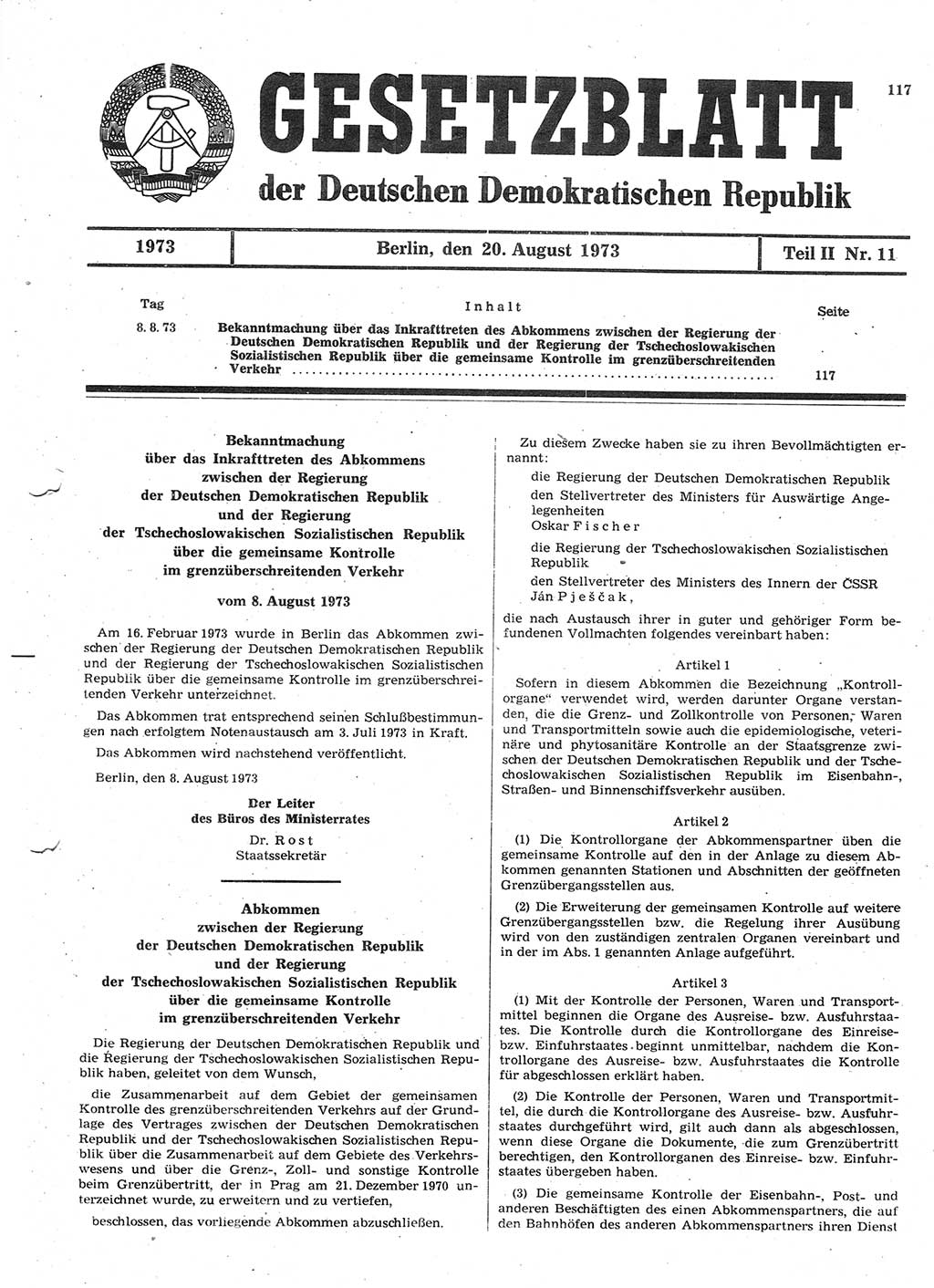 Gesetzblatt (GBl.) der Deutschen Demokratischen Republik (DDR) Teil ⅠⅠ 1973, Seite 117 (GBl. DDR ⅠⅠ 1973, S. 117)