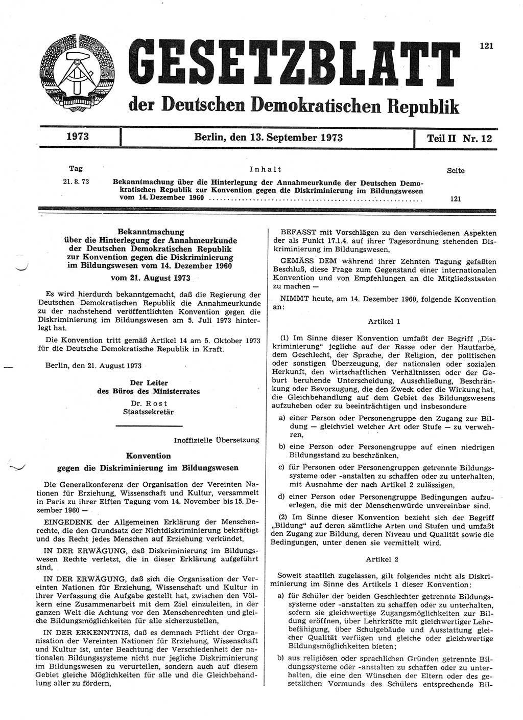 Gesetzblatt (GBl.) der Deutschen Demokratischen Republik (DDR) Teil ⅠⅠ 1973, Seite 121 (GBl. DDR ⅠⅠ 1973, S. 121)