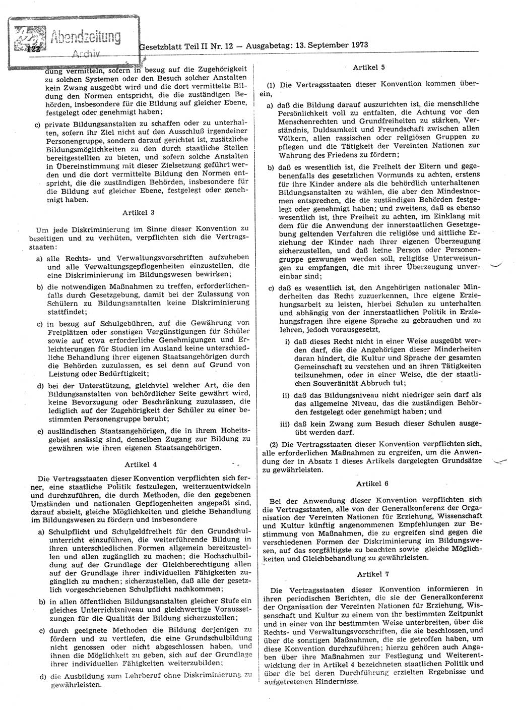 Gesetzblatt (GBl.) der Deutschen Demokratischen Republik (DDR) Teil ⅠⅠ 1973, Seite 122 (GBl. DDR ⅠⅠ 1973, S. 122)