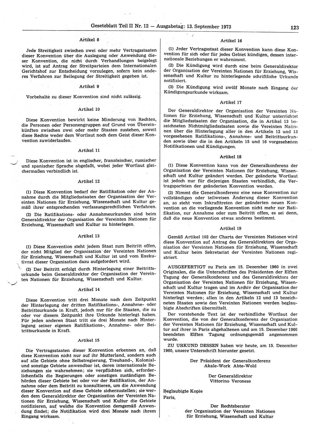 Gesetzblatt (GBl.) der Deutschen Demokratischen Republik (DDR) Teil ⅠⅠ 1973, Seite 123 (GBl. DDR ⅠⅠ 1973, S. 123)
