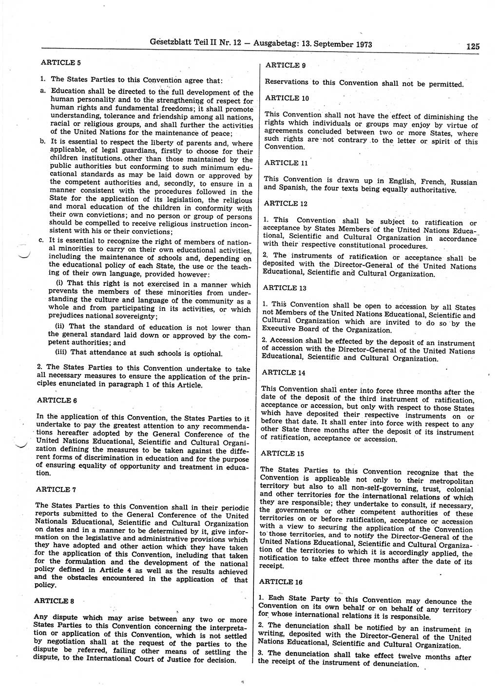 Gesetzblatt (GBl.) der Deutschen Demokratischen Republik (DDR) Teil ⅠⅠ 1973, Seite 125 (GBl. DDR ⅠⅠ 1973, S. 125)