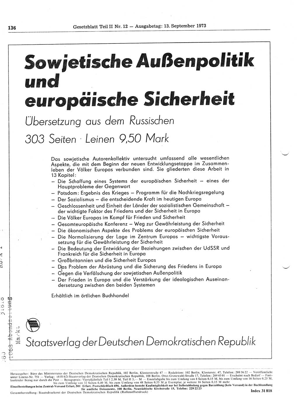 Gesetzblatt (GBl.) der Deutschen Demokratischen Republik (DDR) Teil ⅠⅠ 1973, Seite 136 (GBl. DDR ⅠⅠ 1973, S. 136)