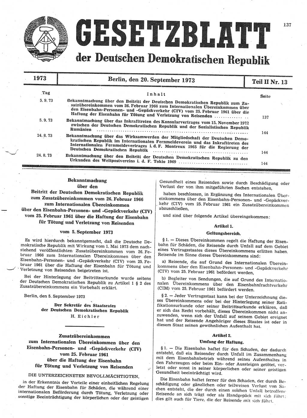 Gesetzblatt (GBl.) der Deutschen Demokratischen Republik (DDR) Teil ⅠⅠ 1973, Seite 137 (GBl. DDR ⅠⅠ 1973, S. 137)