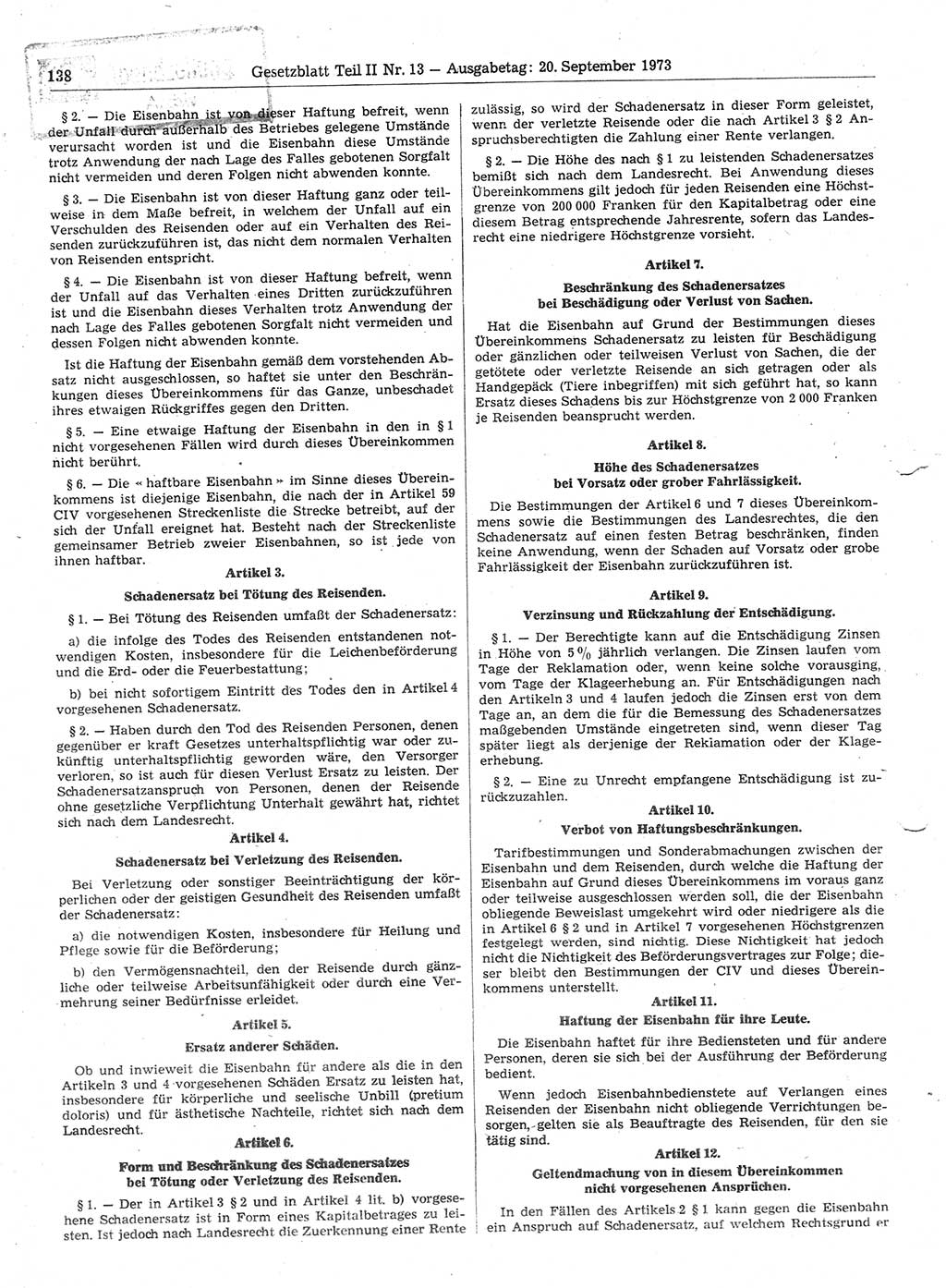 Gesetzblatt (GBl.) der Deutschen Demokratischen Republik (DDR) Teil ⅠⅠ 1973, Seite 138 (GBl. DDR ⅠⅠ 1973, S. 138)