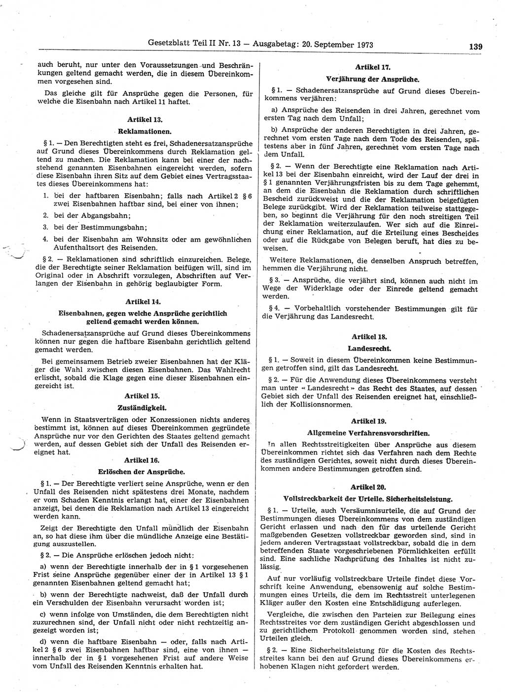 Gesetzblatt (GBl.) der Deutschen Demokratischen Republik (DDR) Teil ⅠⅠ 1973, Seite 139 (GBl. DDR ⅠⅠ 1973, S. 139)