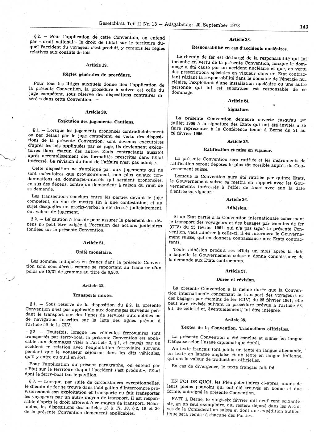 Gesetzblatt (GBl.) der Deutschen Demokratischen Republik (DDR) Teil ⅠⅠ 1973, Seite 143 (GBl. DDR ⅠⅠ 1973, S. 143)