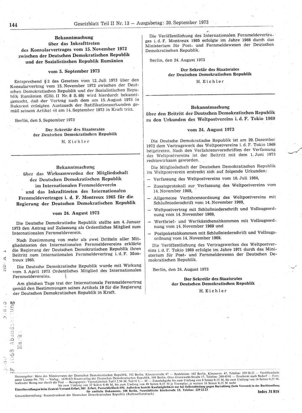 Gesetzblatt (GBl.) der Deutschen Demokratischen Republik (DDR) Teil ⅠⅠ 1973, Seite 144 (GBl. DDR ⅠⅠ 1973, S. 144)
