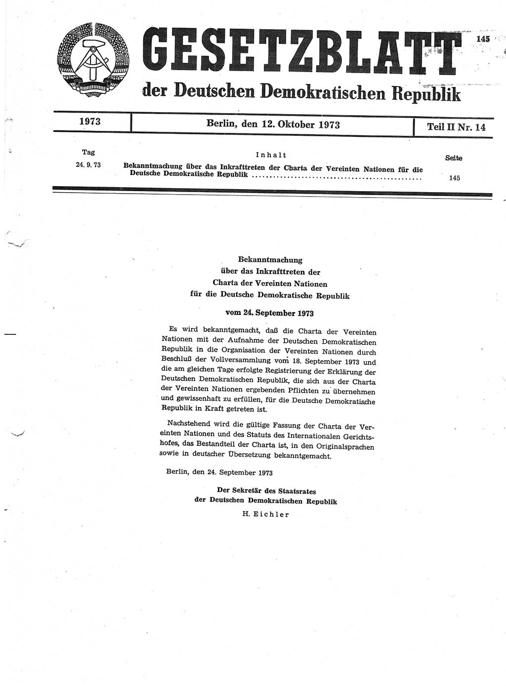 Gesetzblatt (GBl.) der Deutschen Demokratischen Republik (DDR) Teil ⅠⅠ 1973, Seite 145 (GBl. DDR ⅠⅠ 1973, S. 145)