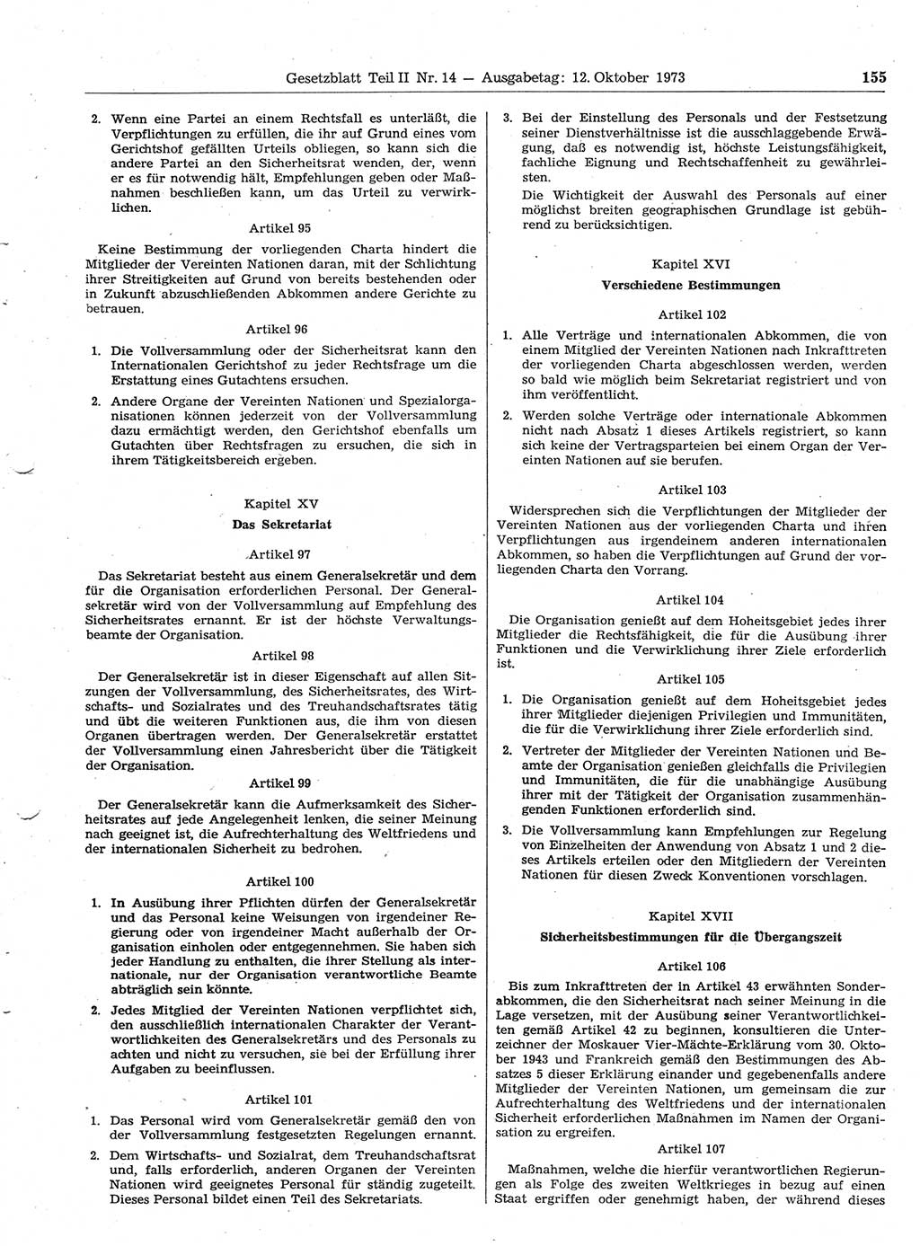 Gesetzblatt (GBl.) der Deutschen Demokratischen Republik (DDR) Teil ⅠⅠ 1973, Seite 155 (GBl. DDR ⅠⅠ 1973, S. 155)