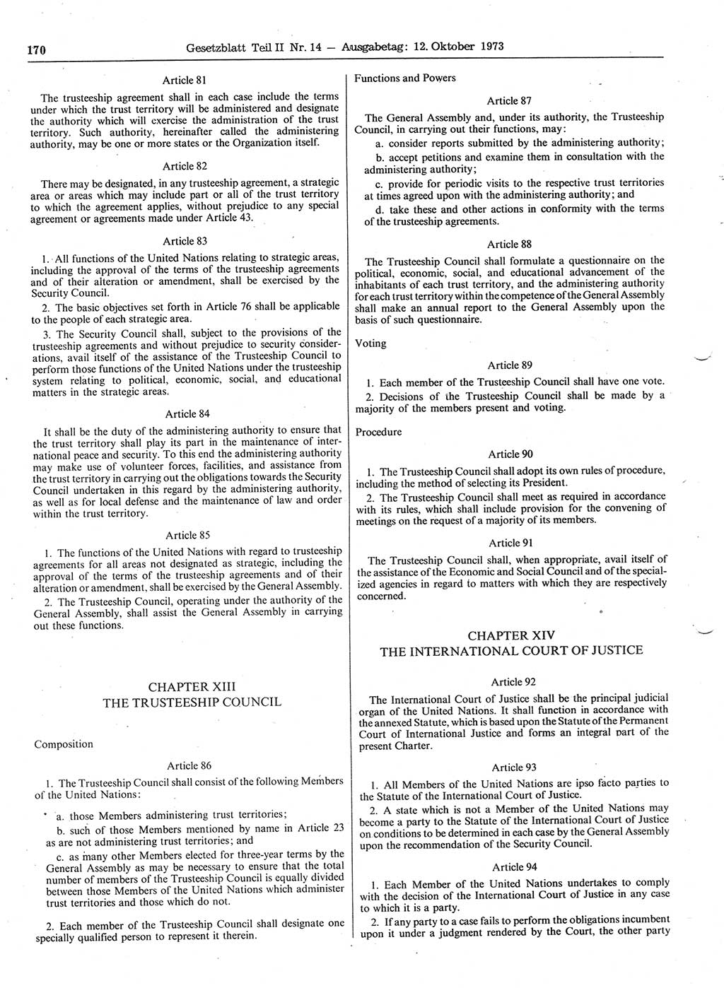 Gesetzblatt (GBl.) der Deutschen Demokratischen Republik (DDR) Teil ⅠⅠ 1973, Seite 170 (GBl. DDR ⅠⅠ 1973, S. 170)