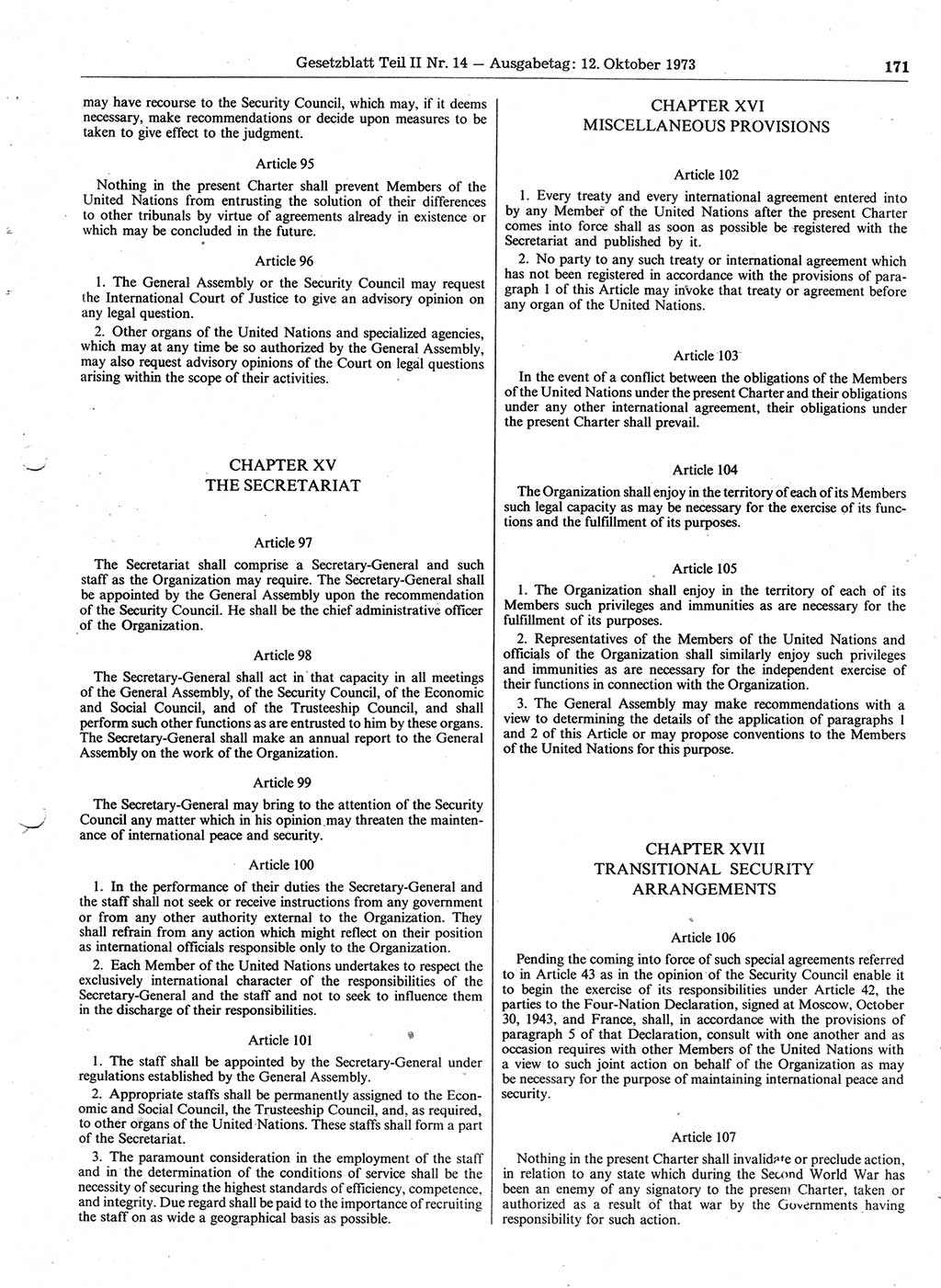 Gesetzblatt (GBl.) der Deutschen Demokratischen Republik (DDR) Teil ⅠⅠ 1973, Seite 171 (GBl. DDR ⅠⅠ 1973, S. 171)