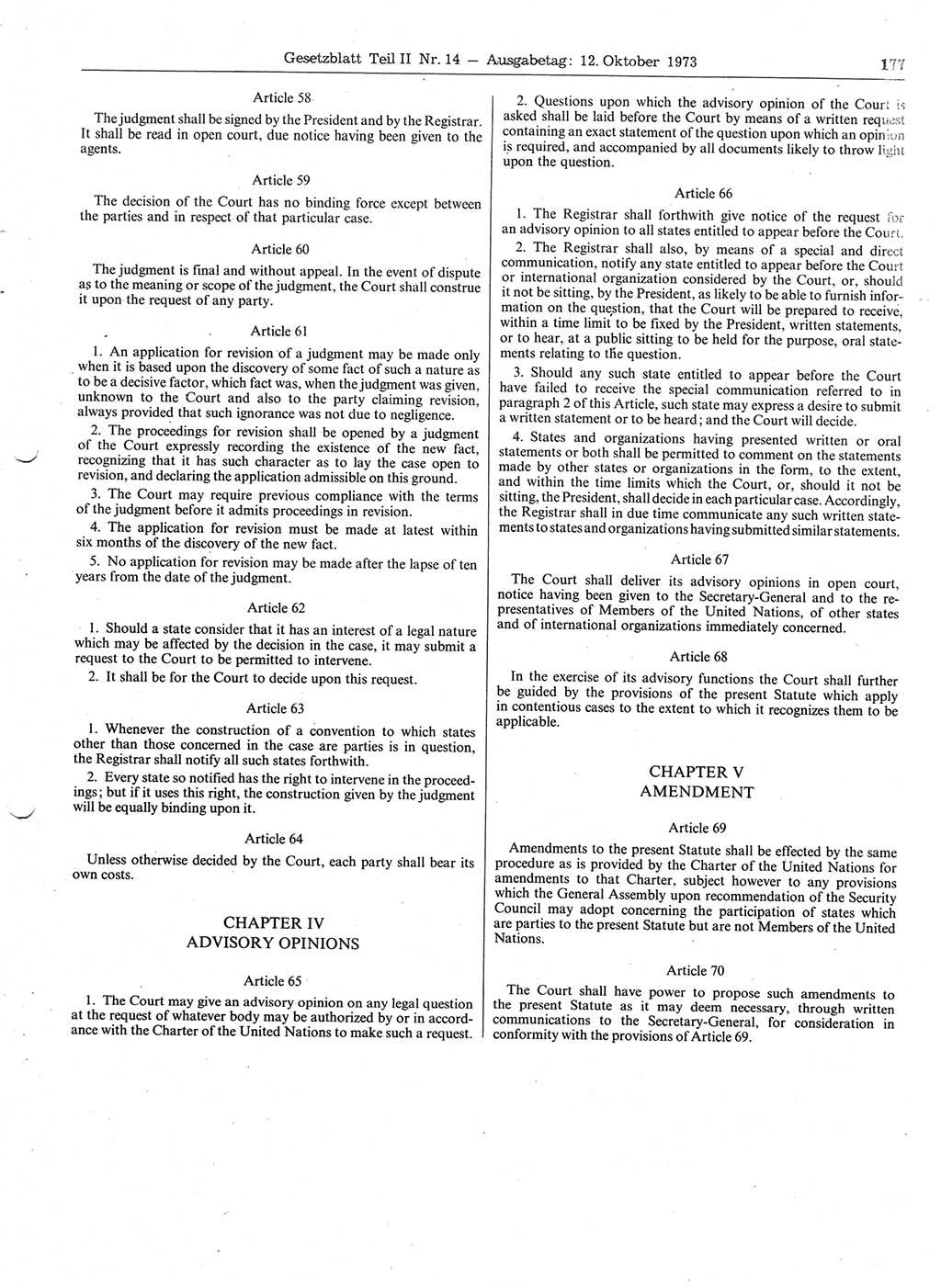Gesetzblatt (GBl.) der Deutschen Demokratischen Republik (DDR) Teil ⅠⅠ 1973, Seite 177 (GBl. DDR ⅠⅠ 1973, S. 177)