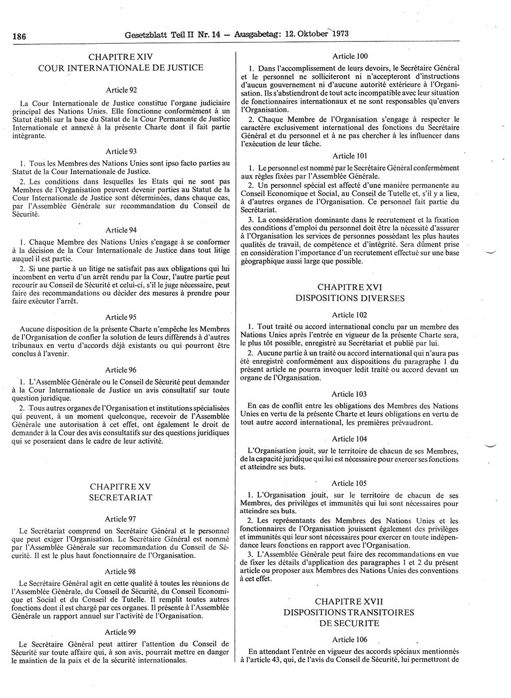 Gesetzblatt (GBl.) der Deutschen Demokratischen Republik (DDR) Teil ⅠⅠ 1973, Seite 186 (GBl. DDR ⅠⅠ 1973, S. 186)