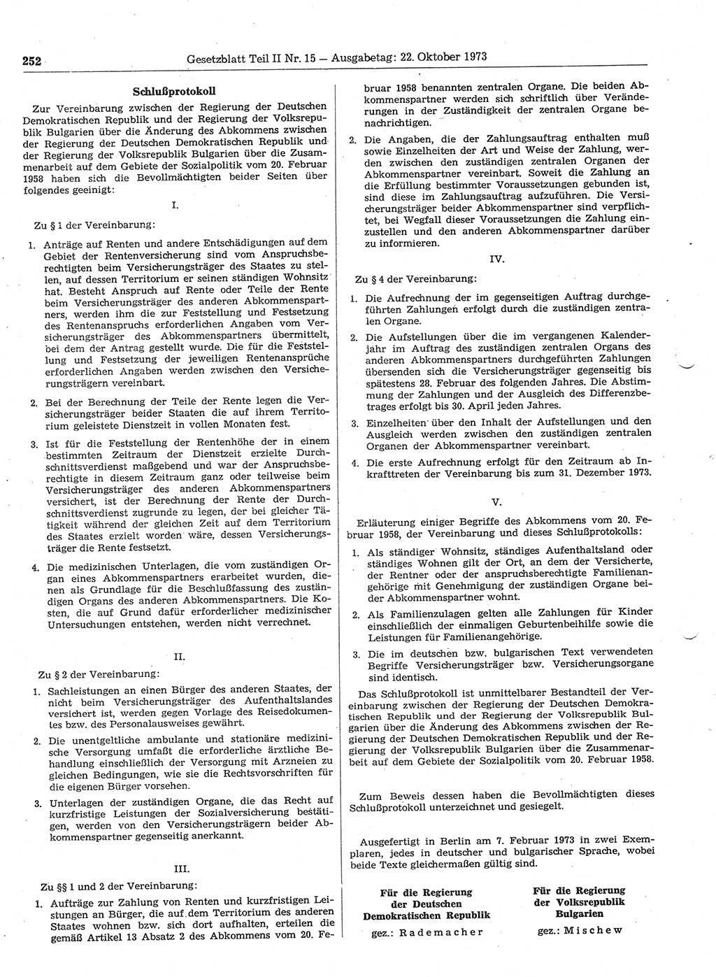 Gesetzblatt (GBl.) der Deutschen Demokratischen Republik (DDR) Teil ⅠⅠ 1973, Seite 252 (GBl. DDR ⅠⅠ 1973, S. 252)