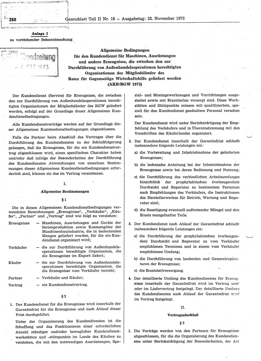Gesetzblatt (GBl.) der Deutschen Demokratischen Republik (DDR) Teil ⅠⅠ 1973, Seite 258 (GBl. DDR ⅠⅠ 1973, S. 258)