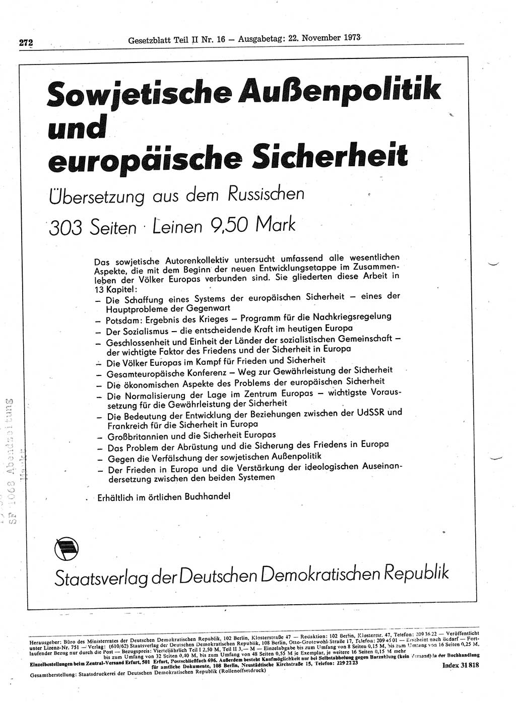 Gesetzblatt (GBl.) der Deutschen Demokratischen Republik (DDR) Teil ⅠⅠ 1973, Seite 272 (GBl. DDR ⅠⅠ 1973, S. 272)