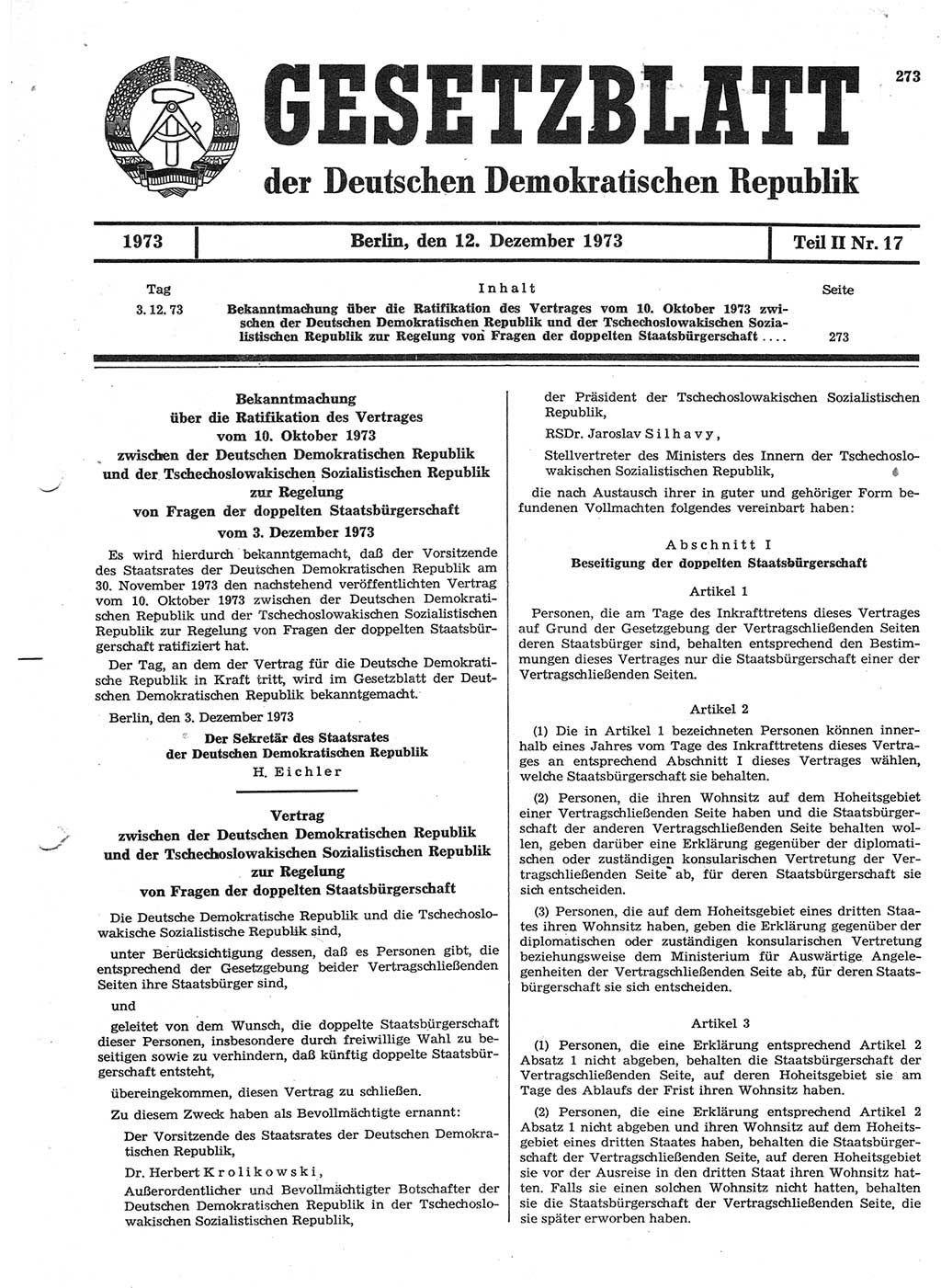 Gesetzblatt (GBl.) der Deutschen Demokratischen Republik (DDR) Teil ⅠⅠ 1973, Seite 273 (GBl. DDR ⅠⅠ 1973, S. 273)