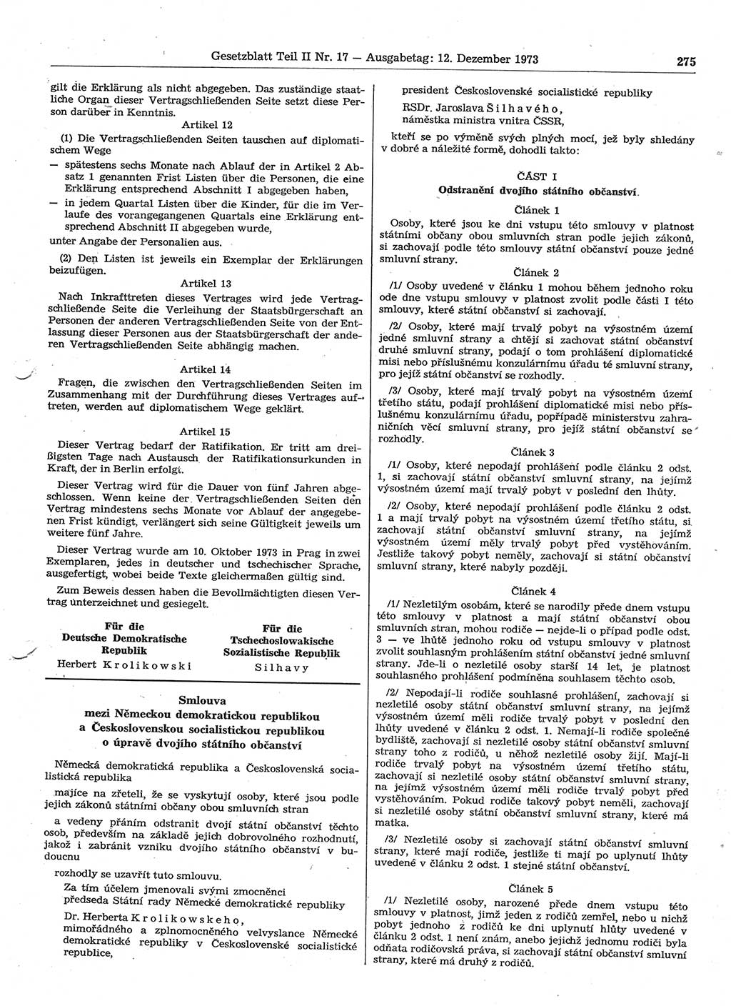 Gesetzblatt (GBl.) der Deutschen Demokratischen Republik (DDR) Teil ⅠⅠ 1973, Seite 275 (GBl. DDR ⅠⅠ 1973, S. 275)