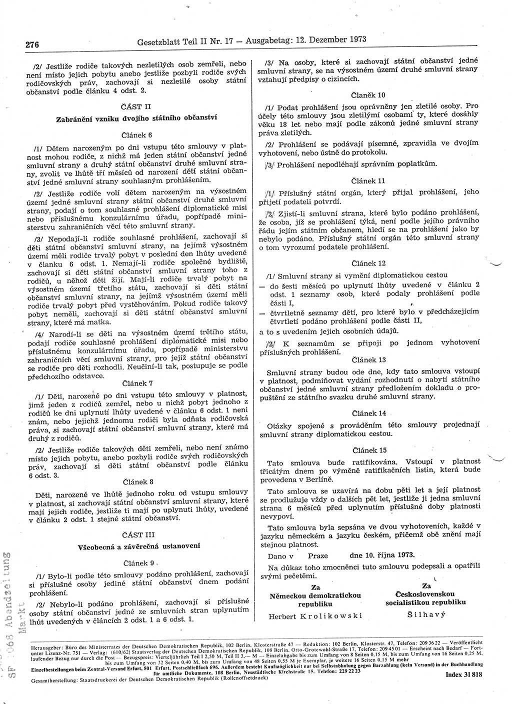 Gesetzblatt (GBl.) der Deutschen Demokratischen Republik (DDR) Teil ⅠⅠ 1973, Seite 276 (GBl. DDR ⅠⅠ 1973, S. 276)