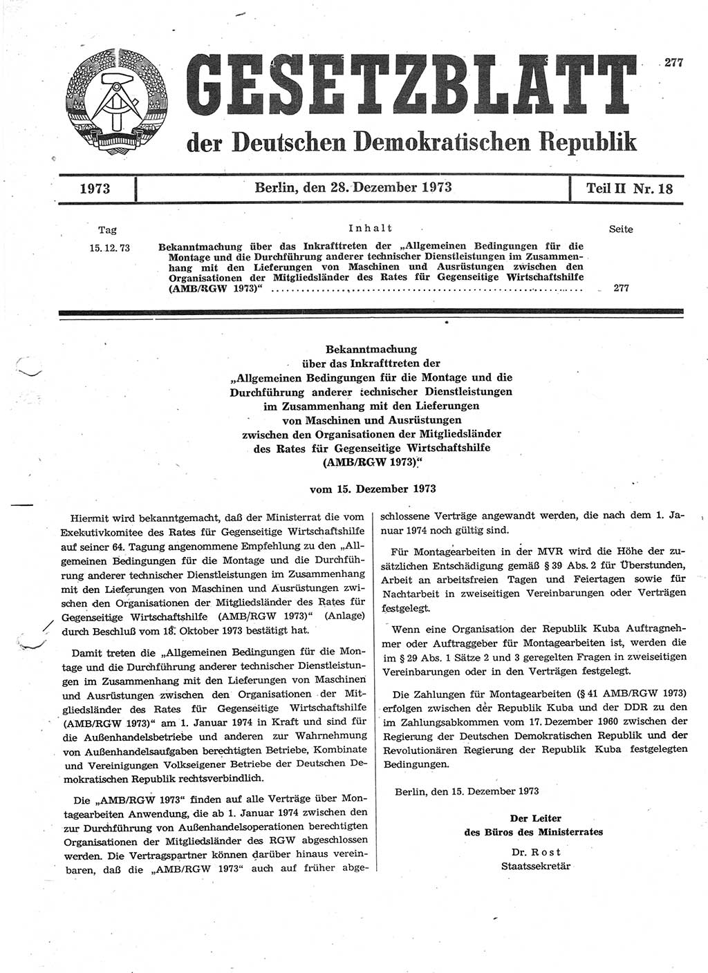 Gesetzblatt (GBl.) der Deutschen Demokratischen Republik (DDR) Teil ⅠⅠ 1973, Seite 277 (GBl. DDR ⅠⅠ 1973, S. 277)