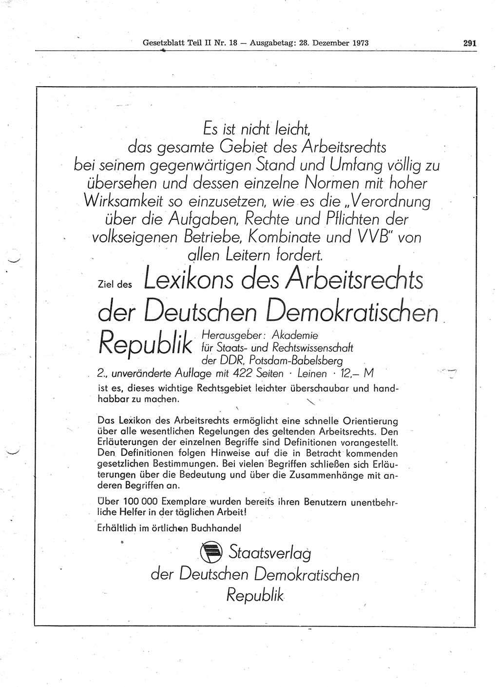 Gesetzblatt (GBl.) der Deutschen Demokratischen Republik (DDR) Teil ⅠⅠ 1973, Seite 291 (GBl. DDR ⅠⅠ 1973, S. 291)