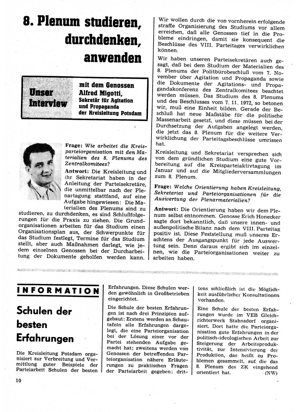 Neuer Weg (NW), Organ des Zentralkomitees (ZK) der SED (Sozialistische Einheitspartei Deutschlands) für Fragen des Parteilebens, 28. Jahrgang [Deutsche Demokratische Republik (DDR)] 1973, Seite 10 (NW ZK SED DDR 1973, S. 10)