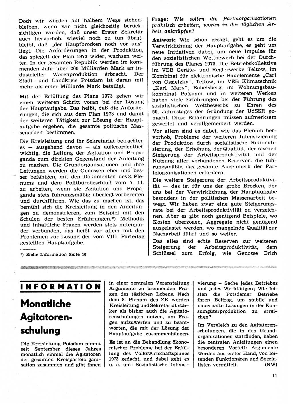 Neuer Weg (NW), Organ des Zentralkomitees (ZK) der SED (Sozialistische Einheitspartei Deutschlands) für Fragen des Parteilebens, 28. Jahrgang [Deutsche Demokratische Republik (DDR)] 1973, Seite 11 (NW ZK SED DDR 1973, S. 11)