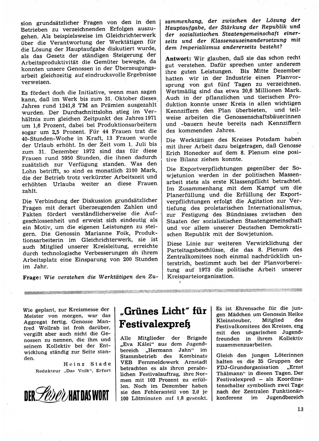 Neuer Weg (NW), Organ des Zentralkomitees (ZK) der SED (Sozialistische Einheitspartei Deutschlands) für Fragen des Parteilebens, 28. Jahrgang [Deutsche Demokratische Republik (DDR)] 1973, Seite 13 (NW ZK SED DDR 1973, S. 13)