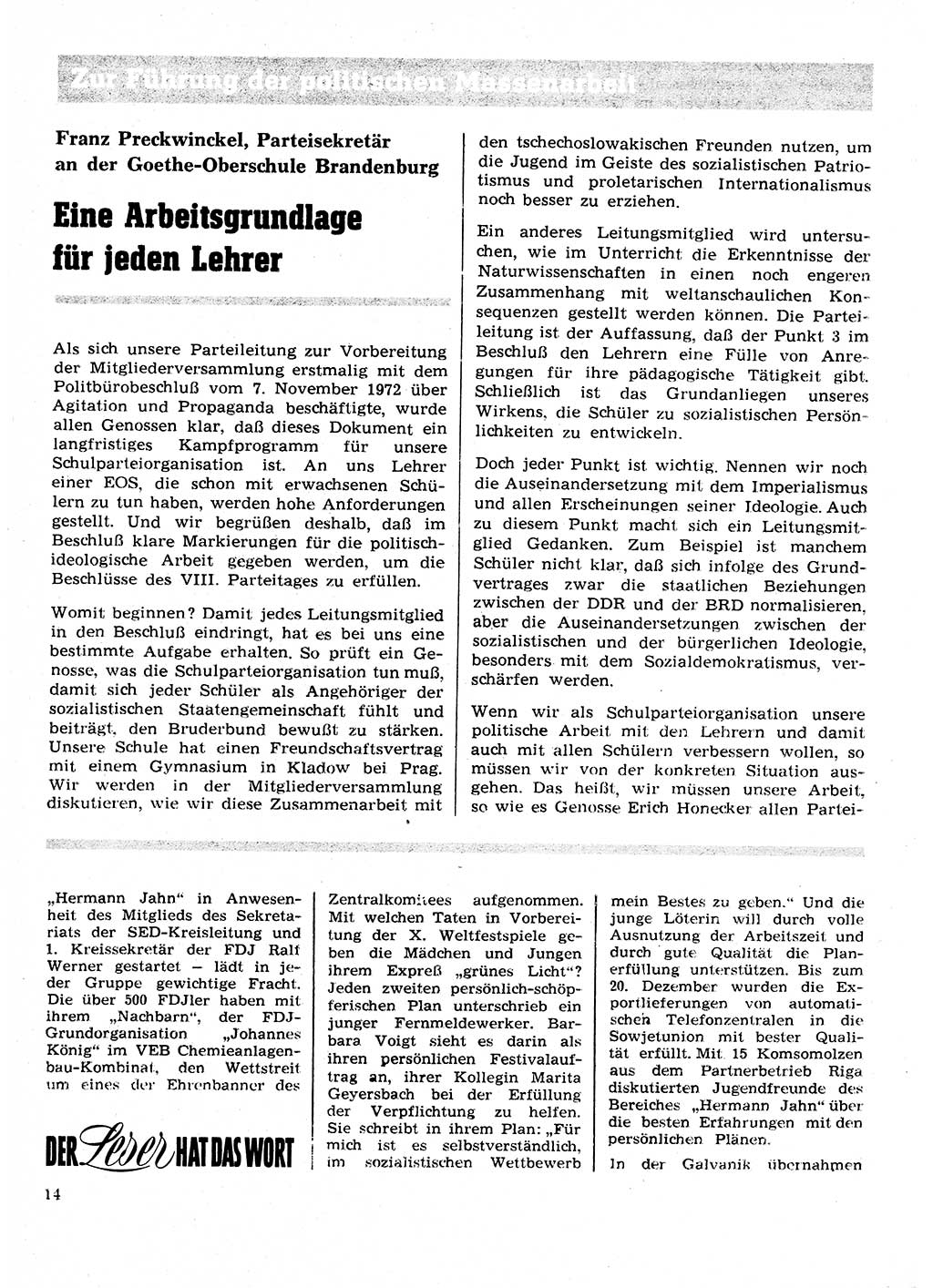 Neuer Weg (NW), Organ des Zentralkomitees (ZK) der SED (Sozialistische Einheitspartei Deutschlands) für Fragen des Parteilebens, 28. Jahrgang [Deutsche Demokratische Republik (DDR)] 1973, Seite 14 (NW ZK SED DDR 1973, S. 14)