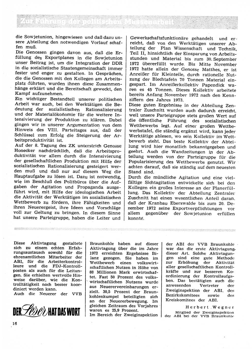 Neuer Weg (NW), Organ des Zentralkomitees (ZK) der SED (Sozialistische Einheitspartei Deutschlands) für Fragen des Parteilebens, 28. Jahrgang [Deutsche Demokratische Republik (DDR)] 1973, Seite 16 (NW ZK SED DDR 1973, S. 16)