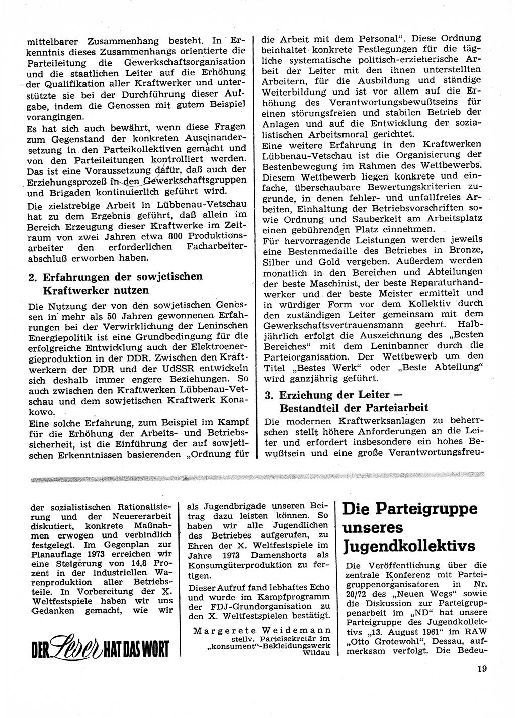 Neuer Weg (NW), Organ des Zentralkomitees (ZK) der SED (Sozialistische Einheitspartei Deutschlands) für Fragen des Parteilebens, 28. Jahrgang [Deutsche Demokratische Republik (DDR)] 1973, Seite 19 (NW ZK SED DDR 1973, S. 19)