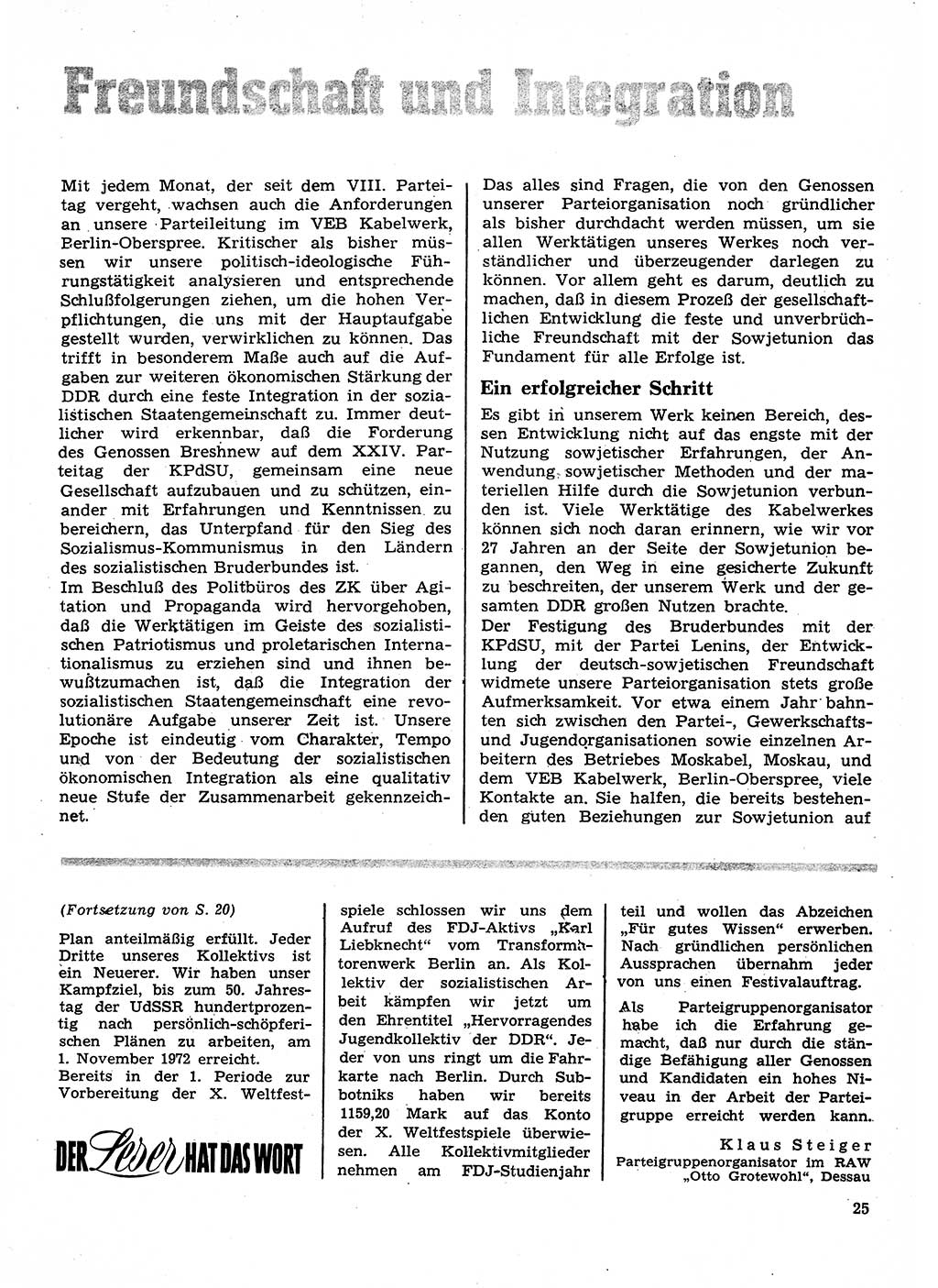 Neuer Weg (NW), Organ des Zentralkomitees (ZK) der SED (Sozialistische Einheitspartei Deutschlands) für Fragen des Parteilebens, 28. Jahrgang [Deutsche Demokratische Republik (DDR)] 1973, Seite 25 (NW ZK SED DDR 1973, S. 25)