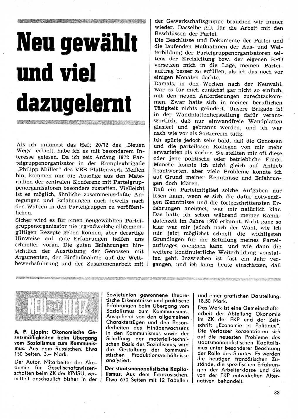 Neuer Weg (NW), Organ des Zentralkomitees (ZK) der SED (Sozialistische Einheitspartei Deutschlands) für Fragen des Parteilebens, 28. Jahrgang [Deutsche Demokratische Republik (DDR)] 1973, Seite 33 (NW ZK SED DDR 1973, S. 33)