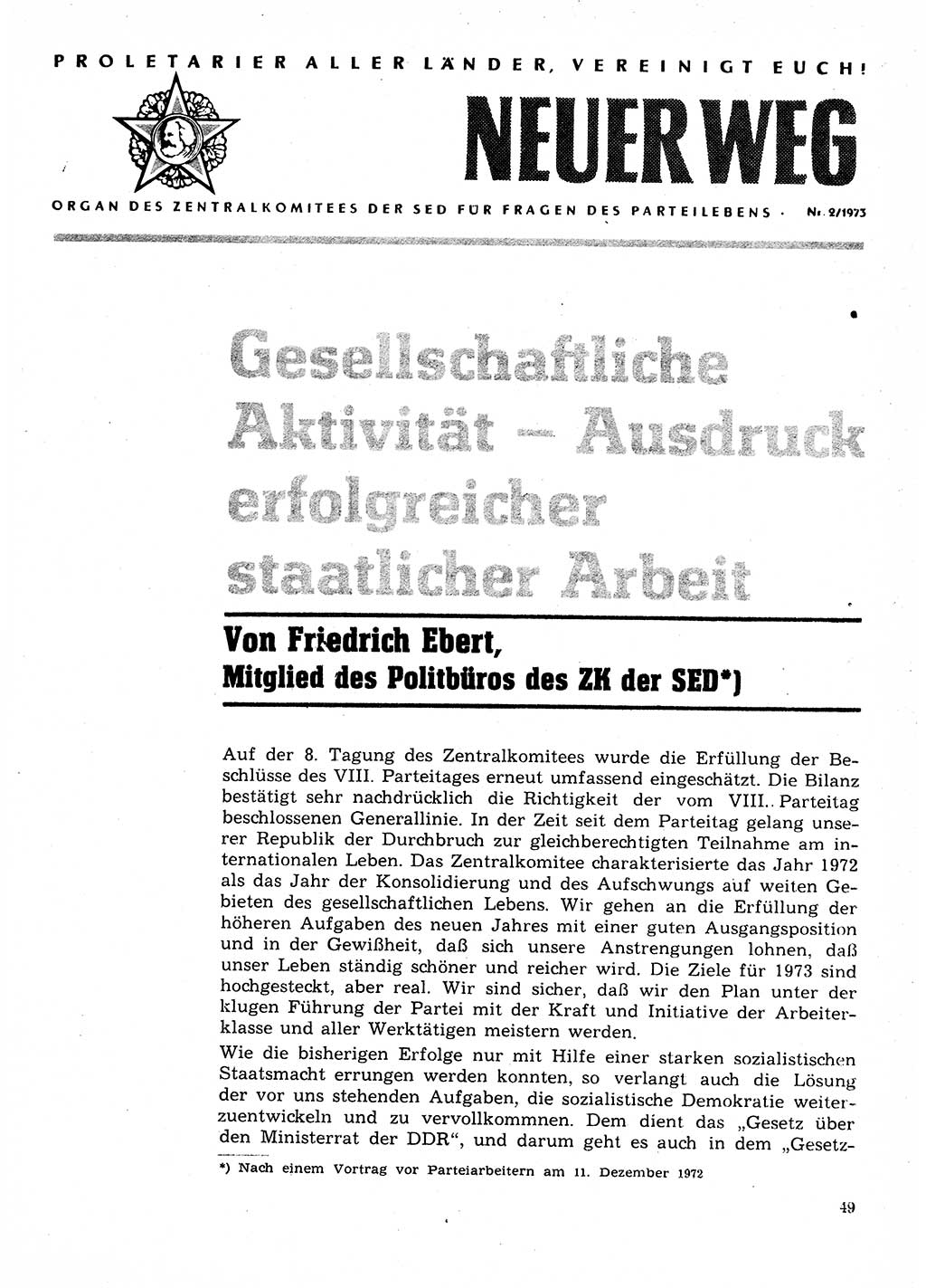 Neuer Weg (NW), Organ des Zentralkomitees (ZK) der SED (Sozialistische Einheitspartei Deutschlands) für Fragen des Parteilebens, 28. Jahrgang [Deutsche Demokratische Republik (DDR)] 1973, Seite 49 (NW ZK SED DDR 1973, S. 49)