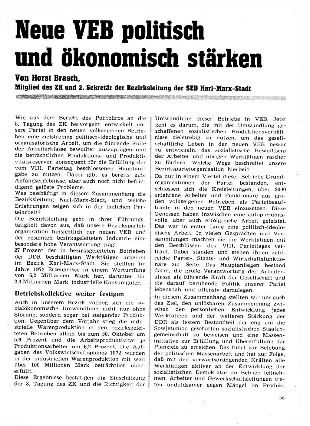 Neuer Weg (NW), Organ des Zentralkomitees (ZK) der SED (Sozialistische Einheitspartei Deutschlands) für Fragen des Parteilebens, 28. Jahrgang [Deutsche Demokratische Republik (DDR)] 1973, Seite 55 (NW ZK SED DDR 1973, S. 55)