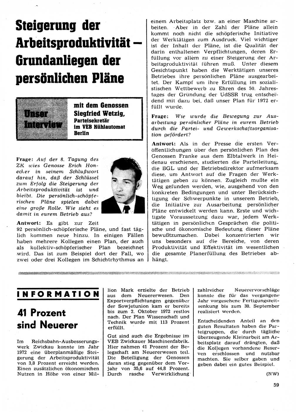 Neuer Weg (NW), Organ des Zentralkomitees (ZK) der SED (Sozialistische Einheitspartei Deutschlands) für Fragen des Parteilebens, 28. Jahrgang [Deutsche Demokratische Republik (DDR)] 1973, Seite 59 (NW ZK SED DDR 1973, S. 59)