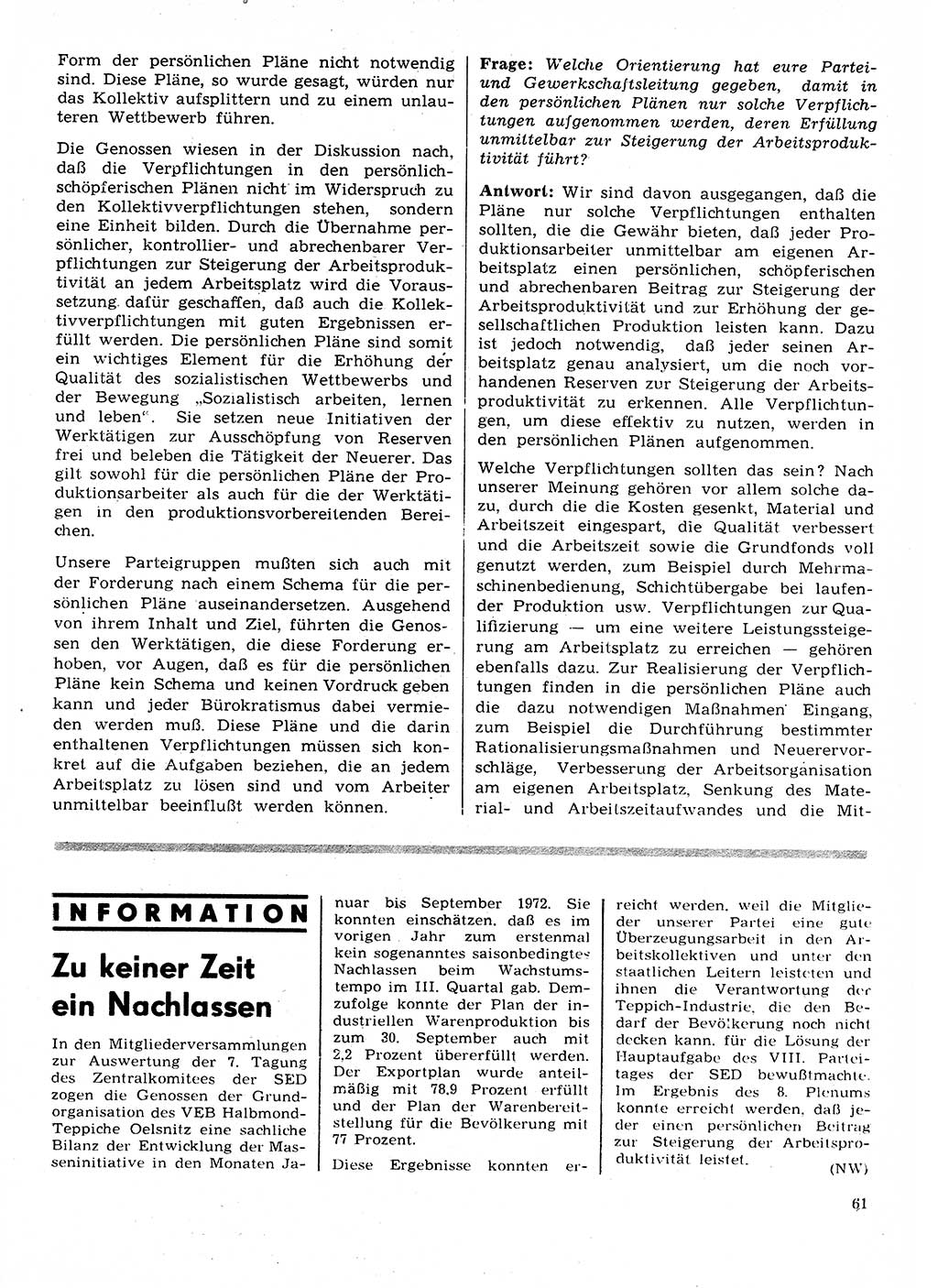 Neuer Weg (NW), Organ des Zentralkomitees (ZK) der SED (Sozialistische Einheitspartei Deutschlands) für Fragen des Parteilebens, 28. Jahrgang [Deutsche Demokratische Republik (DDR)] 1973, Seite 61 (NW ZK SED DDR 1973, S. 61)