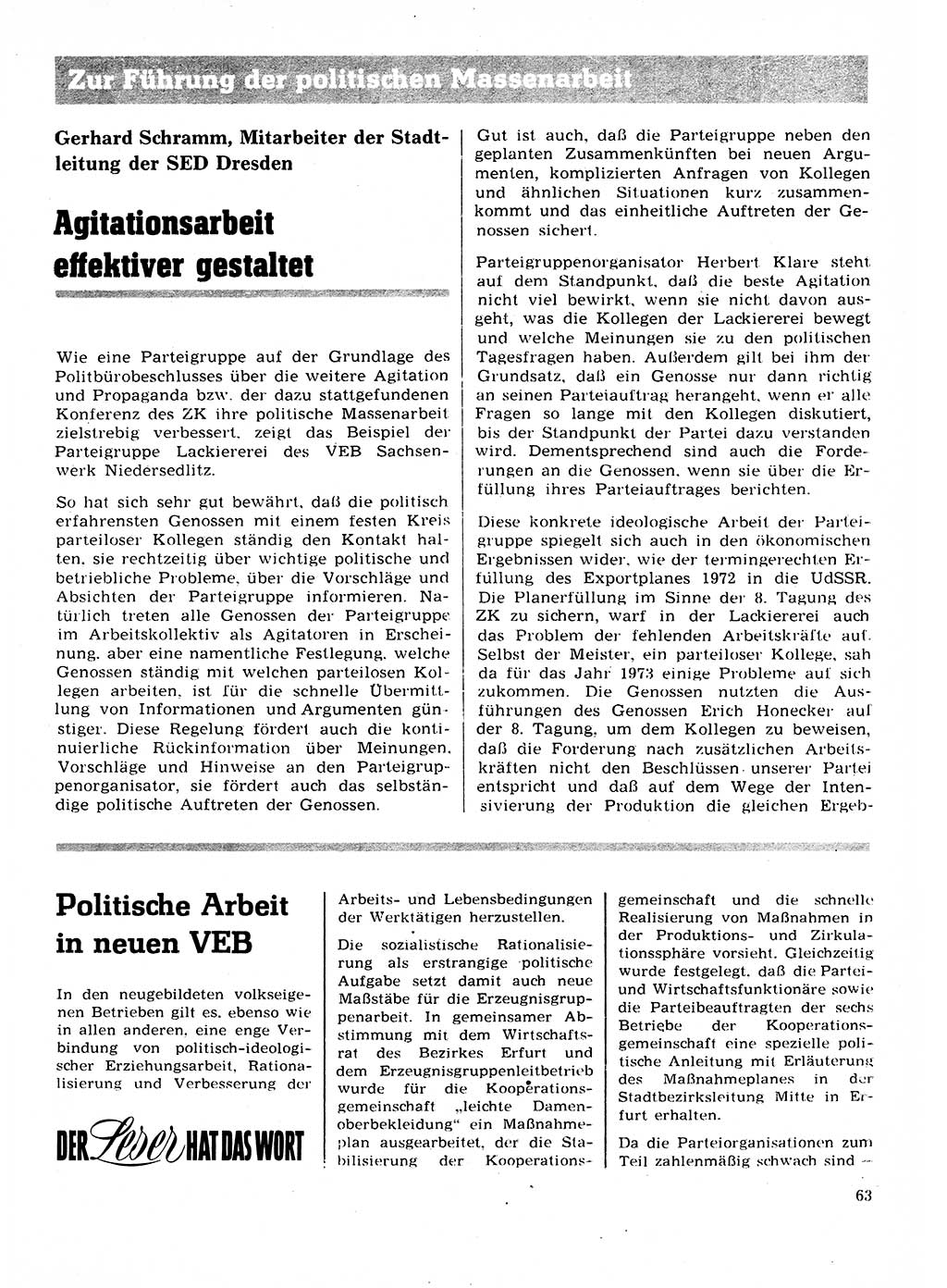 Neuer Weg (NW), Organ des Zentralkomitees (ZK) der SED (Sozialistische Einheitspartei Deutschlands) für Fragen des Parteilebens, 28. Jahrgang [Deutsche Demokratische Republik (DDR)] 1973, Seite 63 (NW ZK SED DDR 1973, S. 63)