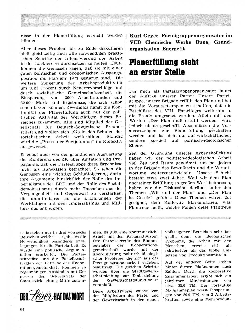 Neuer Weg (NW), Organ des Zentralkomitees (ZK) der SED (Sozialistische Einheitspartei Deutschlands) fÃ¼r Fragen des Parteilebens, 28. Jahrgang [Deutsche Demokratische Republik (DDR)] 1973, Seite 64 (NW ZK SED DDR 1973, S. 64)