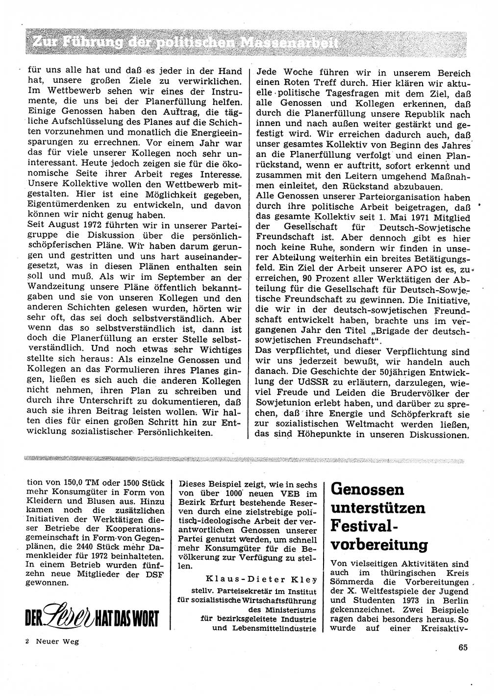 Neuer Weg (NW), Organ des Zentralkomitees (ZK) der SED (Sozialistische Einheitspartei Deutschlands) für Fragen des Parteilebens, 28. Jahrgang [Deutsche Demokratische Republik (DDR)] 1973, Seite 65 (NW ZK SED DDR 1973, S. 65)